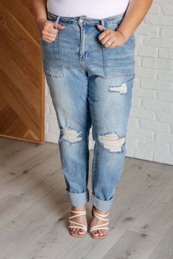 Load image into Gallery viewer, Aiden High Rise Patch Pocket Distressed Boyfriend Jeans
