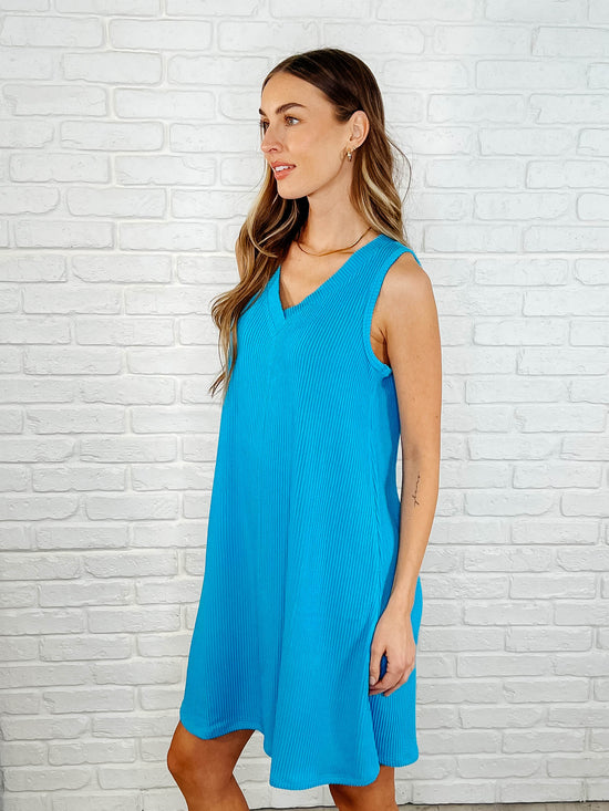 Load image into Gallery viewer, The Power I Hold V-Neck Ribbed Knit Dress in Aqua Glow
