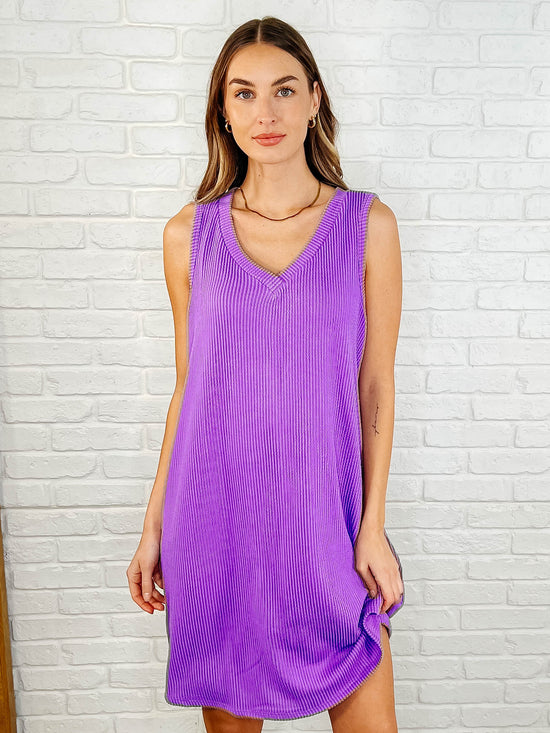 Load image into Gallery viewer, The Power I Hold V-Neck Ribbed Knit Dress in Tropical Violet
